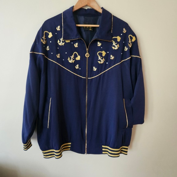 Vintage Grandma Nautical Theme Navy and Gold Lightweight Jacket, Size 3X - Picture 1 of 7